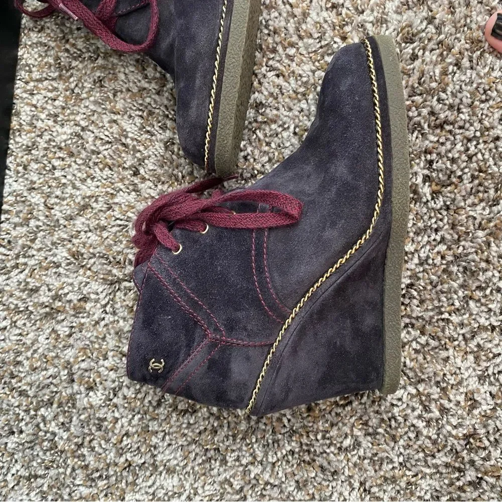 Chanel Lace Up Suede Calfskin Chain Wedge Booties - Picture 3 of 14